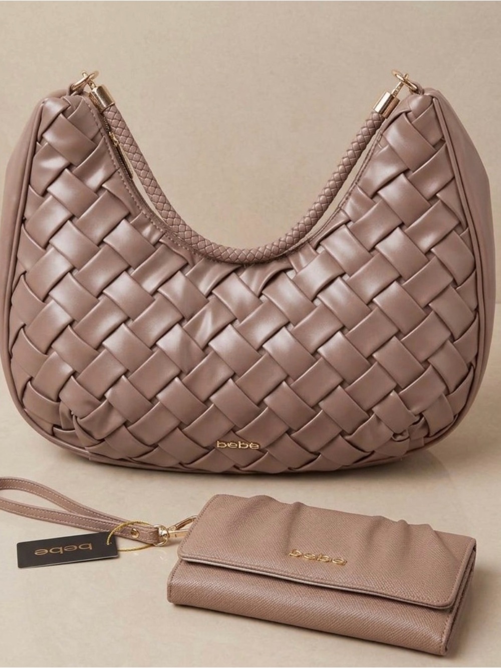 bebe Taupe Woven Hobo Shoulder Bag with Matching Wallet